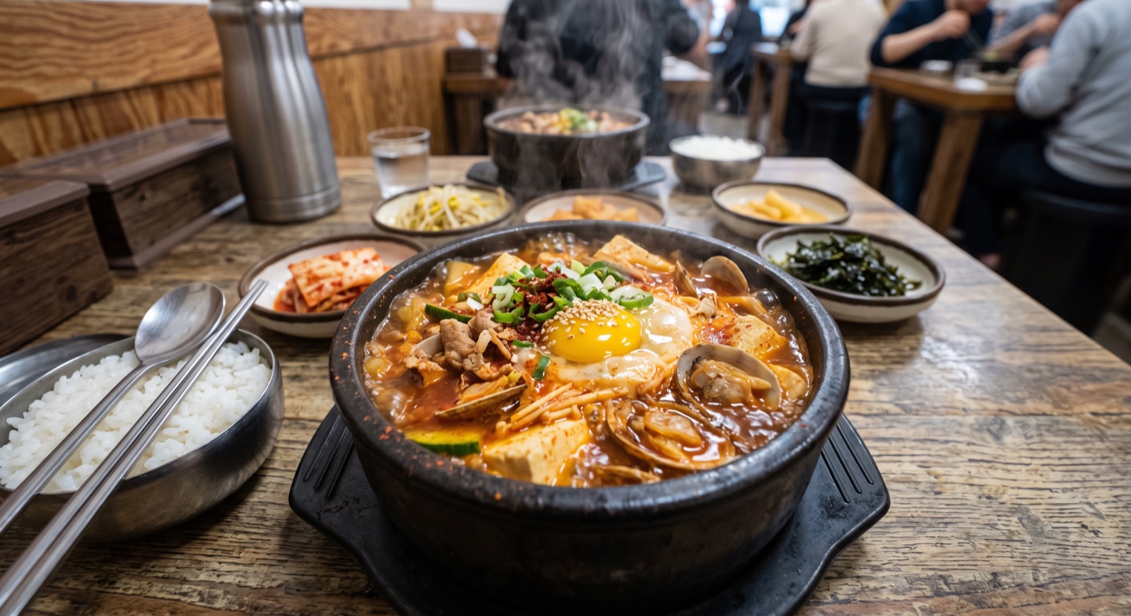 土鍋でぐつぐつ煮えるスンドゥブチゲと、小皿のおかず・ごはんが並んだ食堂のテーブル